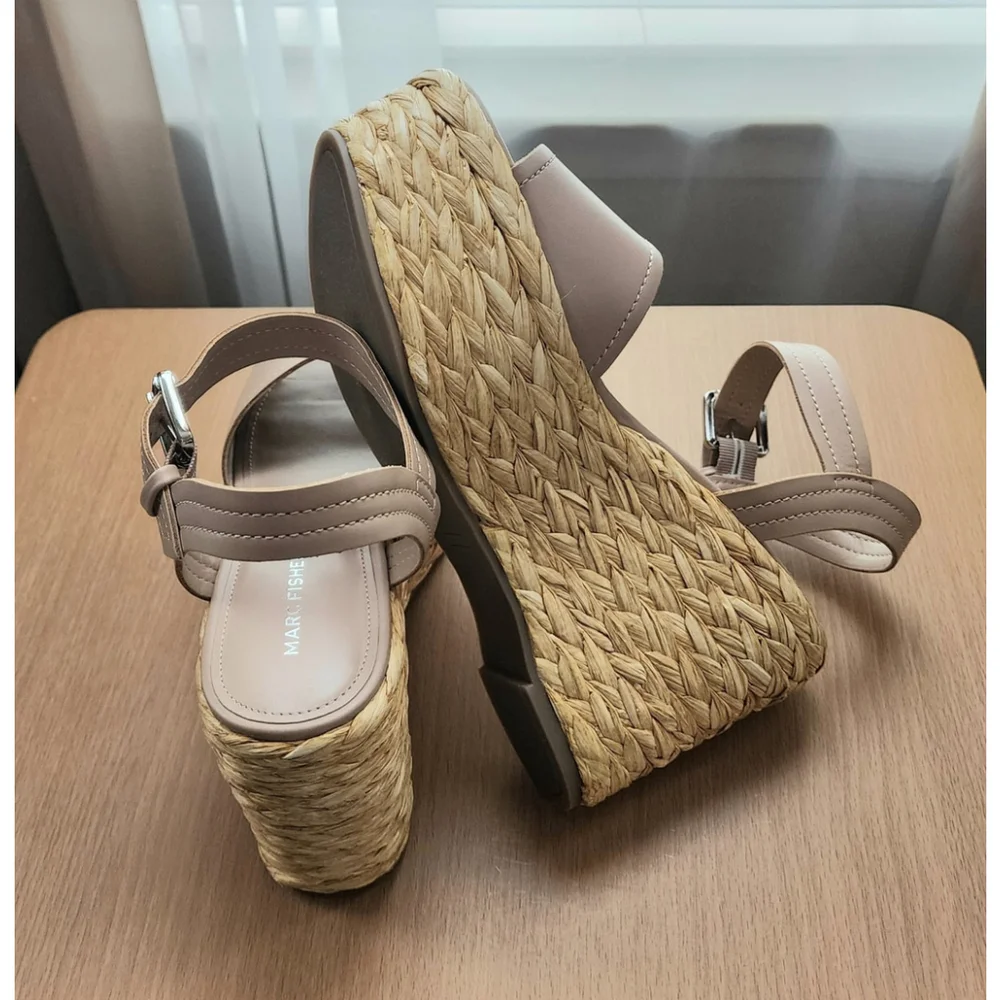 Marc Fisher Women Braided Raffia Chunky Platform Sandals 8.5 M Tan Beige